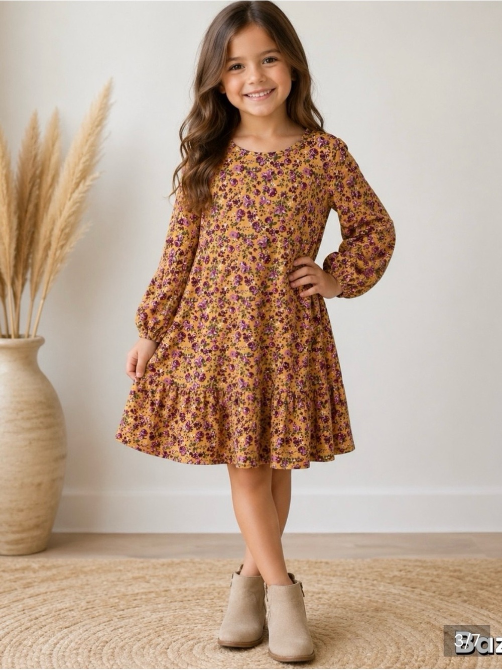 Sz 6 Yellow Floral Ballon Sleeve  Maxi Dress 3 Pink Hearts